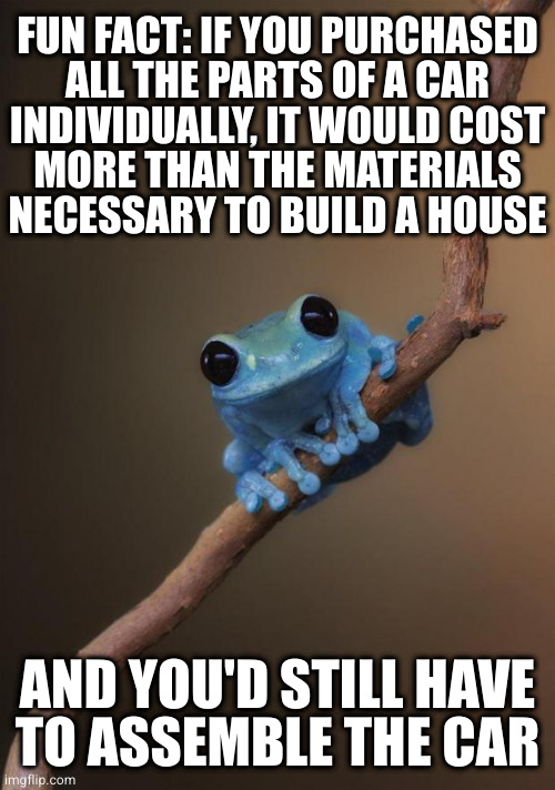 Then you could just live in the car | FUN FACT: IF YOU PURCHASED
ALL THE PARTS OF A CAR
INDIVIDUALLY, IT WOULD COST
MORE THAN THE MATERIALS
NECESSARY TO BUILD A HOUSE; AND YOU'D STILL HAVE
TO ASSEMBLE THE CAR | image tagged in fun fact frog | made w/ Imgflip meme maker