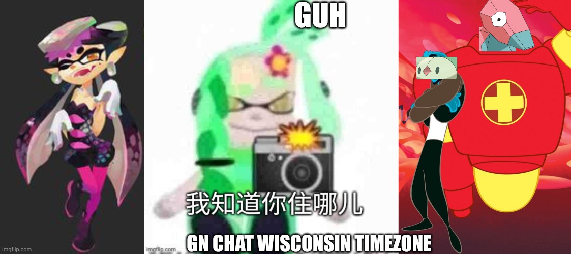 Æ | GUH; GN CHAT WISCONSIN TIMEZONE | image tagged in squid sisters,mint with chinese text,osmosis jones and drix | made w/ Imgflip meme maker