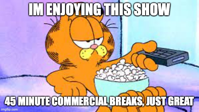 Live tv these days | IM ENJOYING THIS SHOW; 45 MINUTE COMMERCIAL BREAKS, JUST GREAT | image tagged in garfeild | made w/ Imgflip meme maker
