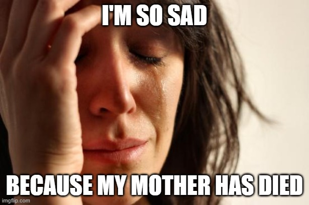 First World Problems | I'M SO SAD; BECAUSE MY MOTHER HAS DIED | image tagged in memes,first world problems | made w/ Imgflip meme maker