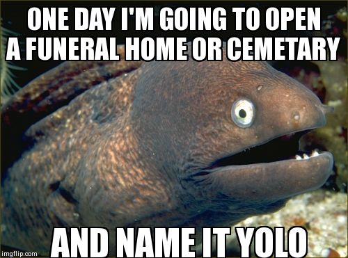 Bad Joke Eel | ONE DAY I'M GOING TO OPEN A FUNERAL HOME OR CEMETARY AND NAME IT YOLO | image tagged in memes,bad joke eel | made w/ Imgflip meme maker