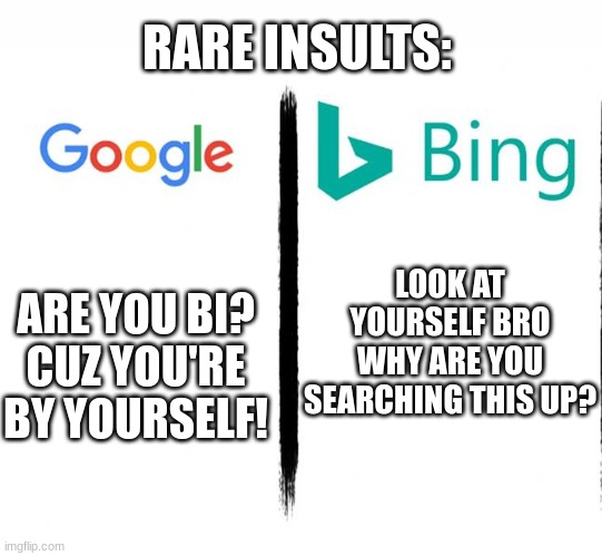 Google v. Bing | RARE INSULTS:; ARE YOU BI?
CUZ YOU'RE BY YOURSELF! LOOK AT YOURSELF BRO WHY ARE YOU SEARCHING THIS UP? | image tagged in google v bing | made w/ Imgflip meme maker
