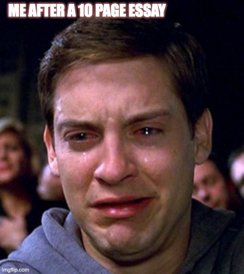 crying peter parker | ME AFTER A 10 PAGE ESSAY | image tagged in crying peter parker | made w/ Imgflip meme maker