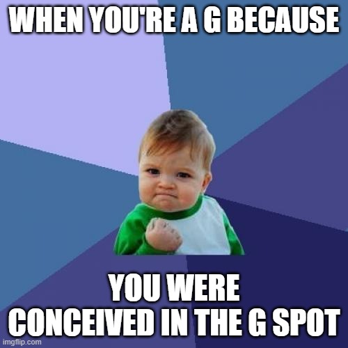 Success Kid Meme | WHEN YOU'RE A G BECAUSE; YOU WERE CONCEIVED IN THE G SPOT | image tagged in memes,success kid | made w/ Imgflip meme maker