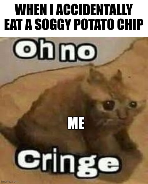 Soggy potato chip | WHEN I ACCIDENTALLY EAT A SOGGY POTATO CHIP; ME | image tagged in oh no cringe | made w/ Imgflip meme maker