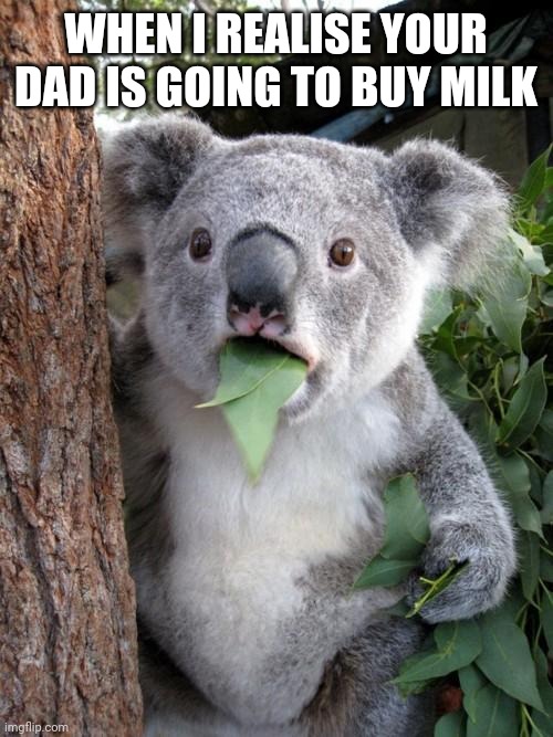 Surprised Koala Meme | WHEN I REALISE YOUR DAD IS GOING TO BUY MILK | image tagged in memes,surprised koala | made w/ Imgflip meme maker