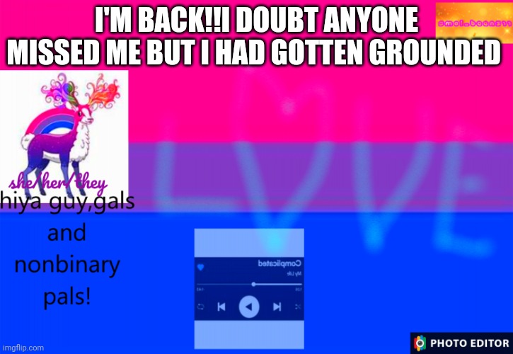 Hi | I'M BACK!!I DOUBT ANYONE MISSED ME BUT I HAD GOTTEN GROUNDED | image tagged in smol_bean311 template | made w/ Imgflip meme maker