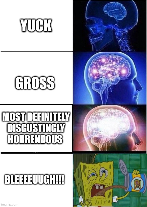 Bleeeeuugh!!!!!! | YUCK; GROSS; MOST DEFINITELY DISGUSTINGLY HORRENDOUS; BLEEEEUUGH!!! | image tagged in memes,expanding brain | made w/ Imgflip meme maker