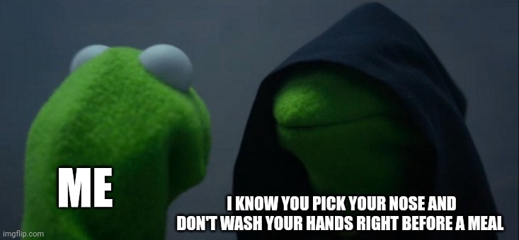 It's all true!!!!! :( | ME; I KNOW YOU PICK YOUR NOSE AND DON'T WASH YOUR HANDS RIGHT BEFORE A MEAL | image tagged in memes,evil kermit | made w/ Imgflip meme maker