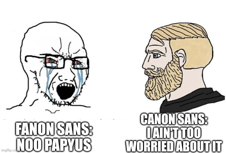 FANON SANS:
NOO PAPYUS CANON SANS:
I AIN'T TOO WORRIED ABOUT IT | image tagged in soyboy vs yes chad | made w/ Imgflip meme maker