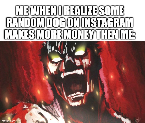angry anime scream | ME WHEN I REALIZE SOME RANDOM DOG ON INSTAGRAM MAKES MORE MONEY THEN ME: | image tagged in angry anime scream | made w/ Imgflip meme maker