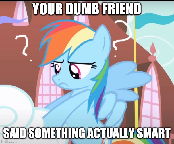wait. who possessed you? | YOUR DUMB FRIEND; SAID SOMETHING ACTUALLY SMART | image tagged in my little pony friendship is magic,my little pony,animation | made w/ Imgflip meme maker