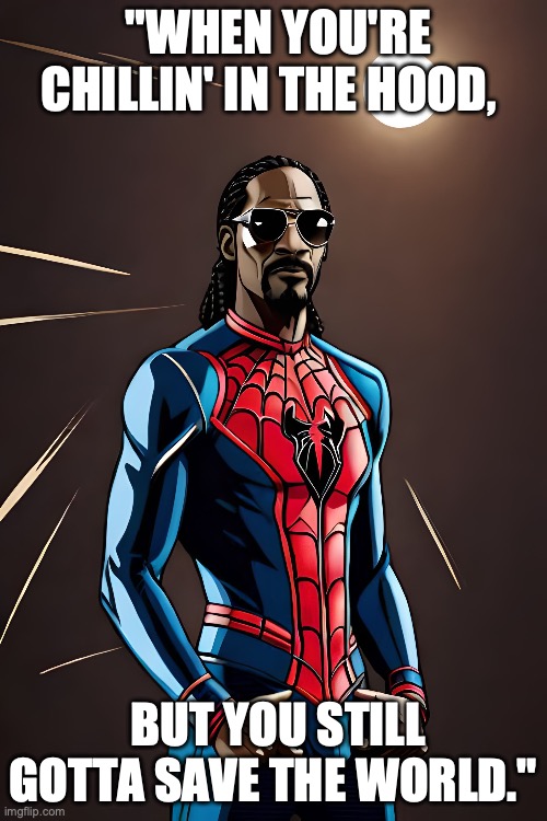 snoop dog | "WHEN YOU'RE CHILLIN' IN THE HOOD, BUT YOU STILL GOTTA SAVE THE WORLD." | image tagged in snoop dogg,snoop dogg approves,snoopy,spiderman,superheroes | made w/ Imgflip meme maker