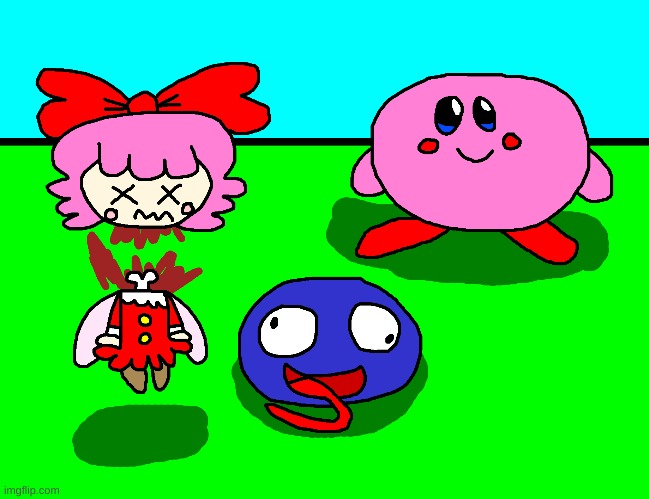 Kirby, Gooey, and Ribbon fanart | image tagged in kirby,fanart,cute,parody,gore,blood | made w/ Imgflip meme maker