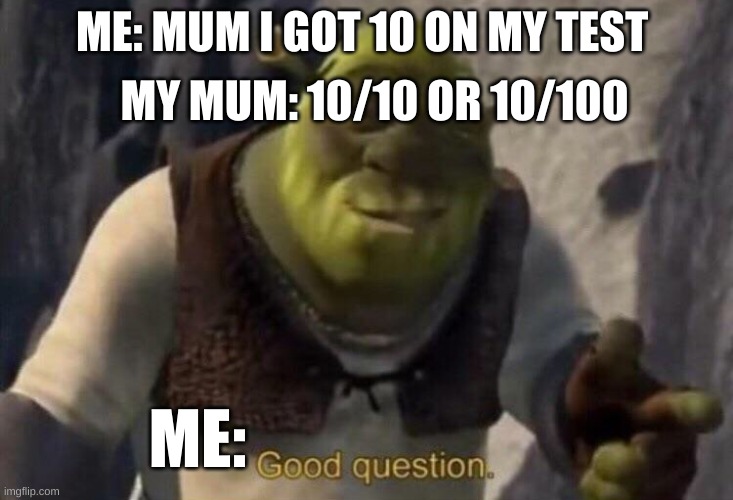 insert title | MY MUM: 10/10 OR 10/100; ME: MUM I GOT 10 ON MY TEST; ME: | image tagged in shrek good question | made w/ Imgflip meme maker