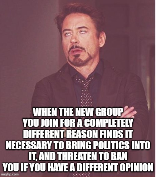Movies, drinks, music... that's why we all came | WHEN THE NEW GROUP YOU JOIN FOR A COMPLETELY DIFFERENT REASON FINDS IT NECESSARY TO BRING POLITICS INTO IT, AND THREATEN TO BAN YOU IF YOU HAVE A DIFFERENT OPINION | image tagged in memes,face you make robert downey jr | made w/ Imgflip meme maker