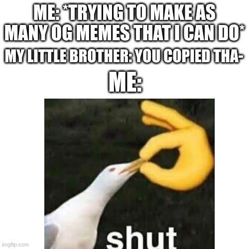 ME: *TRYING TO MAKE AS MANY OG MEMES THAT I CAN DO*; MY LITTLE BROTHER: YOU COPIED THA-; ME: | image tagged in i'm fine,shut | made w/ Imgflip meme maker