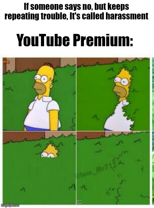 *Repeats Premium Advertising anyway* | If someone says no, but keeps repeating trouble, It's called harassment; YouTube Premium: | image tagged in homer hides | made w/ Imgflip meme maker