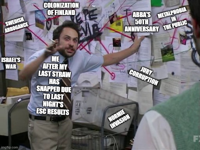 eurovision 2023 in a nutshell | ABBA'S 50TH ANNIVERSARY; COLONIZATION OF FINLAND; METALPHOBIA IN THE PUBLIC; SWEDISH ARROGANCE; ISRAEL'S WAR; ME AFTER MY LAST STRAW HAS SNAPPED DUE TO LAST NIGHT'S ESC RESULTS; JURY CORRUPTION; NORMIE INVASION | image tagged in charlie conspiracy always sunny in philidelphia | made w/ Imgflip meme maker