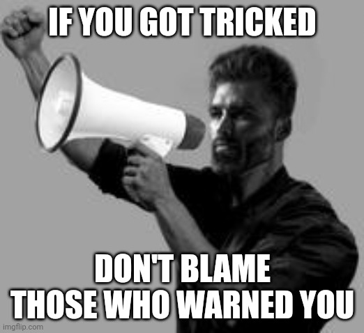 If you got tricked | IF YOU GOT TRICKED; DON'T BLAME THOSE WHO WARNED YOU | image tagged in gigachad megaphone,information,modern warfare,politicians,deep state | made w/ Imgflip meme maker