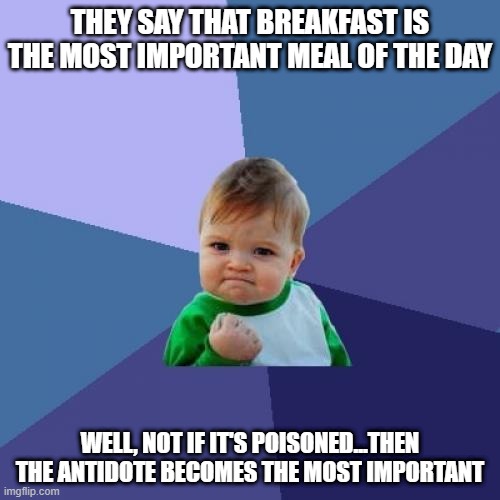 Important Meal | THEY SAY THAT BREAKFAST IS THE MOST IMPORTANT MEAL OF THE DAY; WELL, NOT IF IT'S POISONED...THEN THE ANTIDOTE BECOMES THE MOST IMPORTANT | image tagged in memes,success kid | made w/ Imgflip meme maker