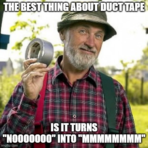 Duct Tape | THE BEST THING ABOUT DUCT TAPE; IS IT TURNS "NOOOOOOO" INTO "MMMMMMMM" | image tagged in duct tape of course | made w/ Imgflip meme maker