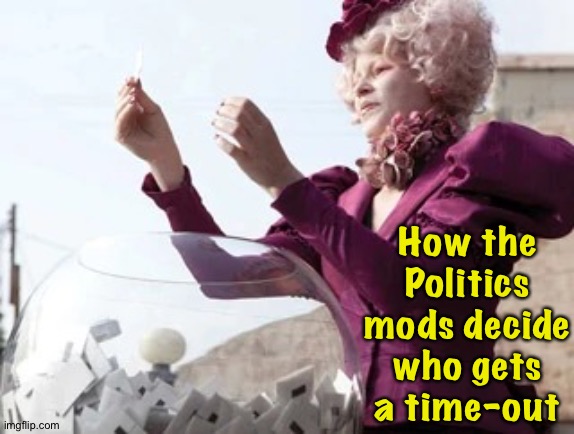Politics stream time-out lottery | How the Politics mods decide who gets a time-out | image tagged in hunger games lottery | made w/ Imgflip meme maker