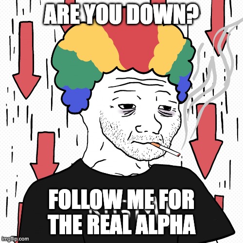 Wojak | ARE YOU DOWN? FOLLOW ME FOR THE REAL ALPHA | image tagged in wojak clown | made w/ Imgflip meme maker