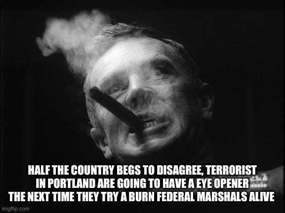 General Ripper (Dr. Strangelove) | HALF THE COUNTRY BEGS TO DISAGREE, TERRORIST IN PORTLAND ARE GOING TO HAVE A EYE OPENER THE NEXT TIME THEY TRY A BURN FEDERAL MARSHALS ALIVE | image tagged in general ripper dr strangelove | made w/ Imgflip meme maker