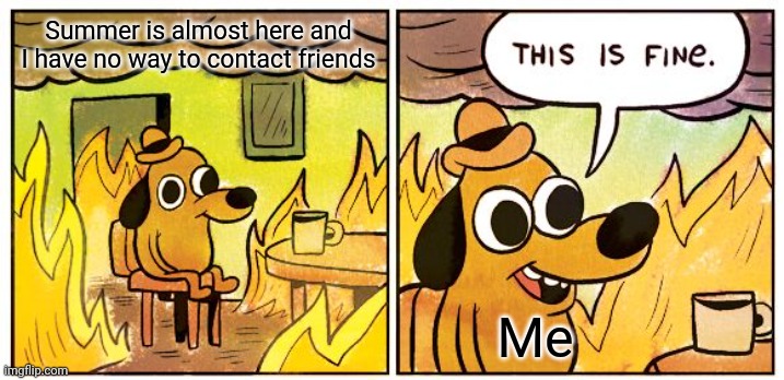 Oh no | Summer is almost here and I have no way to contact friends; Me | image tagged in memes,this is fine | made w/ Imgflip meme maker