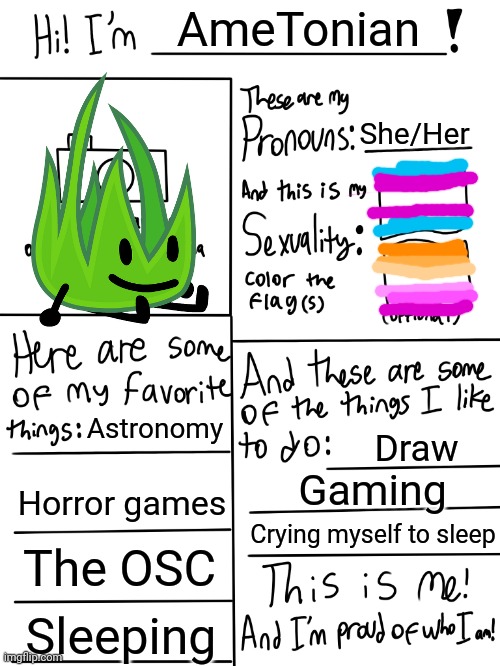 Idk I just wanted to do this I guess | AmeTonian; She/Her; Astronomy; Draw; Horror games; Gaming; Crying myself to sleep; The OSC; Sleeping | image tagged in lgbtq stream account profile | made w/ Imgflip meme maker