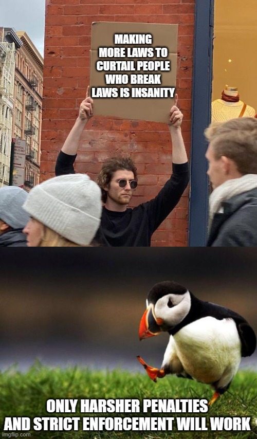 MAKING MORE LAWS TO CURTAIL PEOPLE WHO BREAK LAWS IS INSANITY; ONLY HARSHER PENALTIES AND STRICT ENFORCEMENT WILL WORK | image tagged in man with sign,memes,unpopular opinion puffin | made w/ Imgflip meme maker