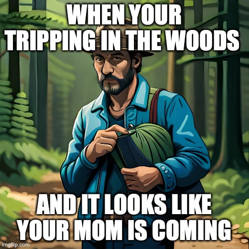 trippy | WHEN YOUR TRIPPING IN THE WOODS; AND IT LOOKS LIKE YOUR MOM IS COMING | image tagged in woods,tripping | made w/ Imgflip meme maker