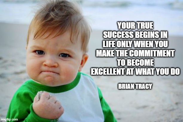 This quote can help you succeed. | YOUR TRUE SUCCESS BEGINS IN LIFE ONLY WHEN YOU MAKE THE COMMITMENT TO BECOME EXCELLENT AT WHAT YOU DO; BRIAN TRACY | image tagged in memes,success kid original,success,motivation | made w/ Imgflip meme maker