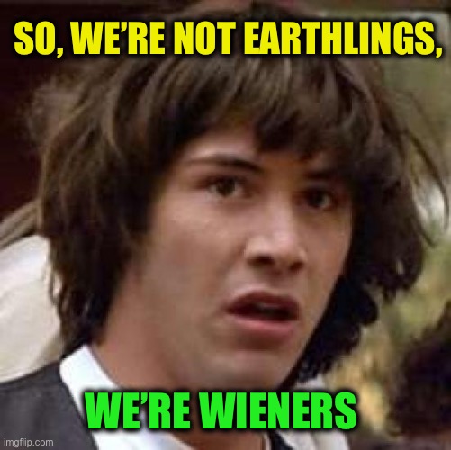 Conspiracy Keanu Meme | SO, WE’RE NOT EARTHLINGS, WE’RE WIENERS | image tagged in memes,conspiracy keanu | made w/ Imgflip meme maker