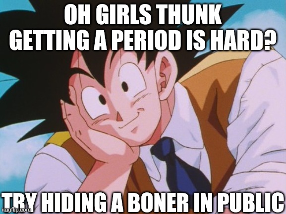 Go ahead. Try me bish. | OH GIRLS THUNK GETTING A PERIOD IS HARD? TRY HIDING A BONER IN PUBLIC | image tagged in memes,condescending goku,goku,boner,period,trymebitch | made w/ Imgflip meme maker