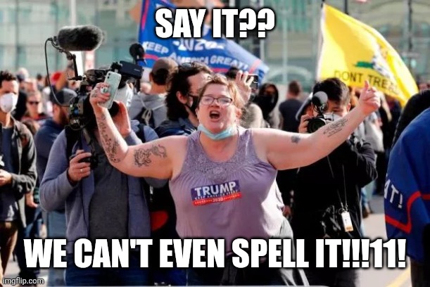 Typical Trump Voter | SAY IT?? WE CAN'T EVEN SPELL IT!!!11! | image tagged in typical trump voter | made w/ Imgflip meme maker