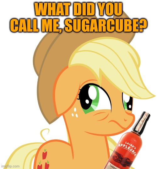 Drunk/sleepy Applejack | WHAT DID YOU CALL ME, SUGARCUBE? | image tagged in drunk/sleepy applejack | made w/ Imgflip meme maker