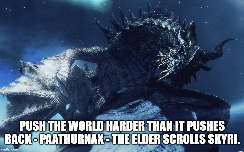 Paarthurnax | PUSH THE WORLD HARDER THAN IT PUSHES BACK - PAATHURNAX - THE ELDER SCROLLS SKYRI. | image tagged in paarthurnax | made w/ Imgflip meme maker