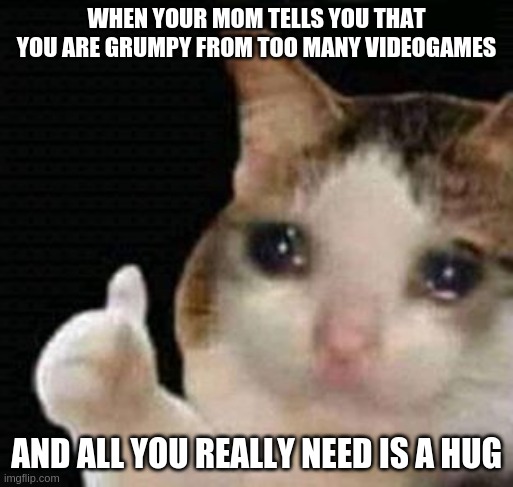 sad thumbs up cat | WHEN YOUR MOM TELLS YOU THAT YOU ARE GRUMPY FROM TOO MANY VIDEOGAMES; AND ALL YOU REALLY NEED IS A HUG | image tagged in sad thumbs up cat | made w/ Imgflip meme maker