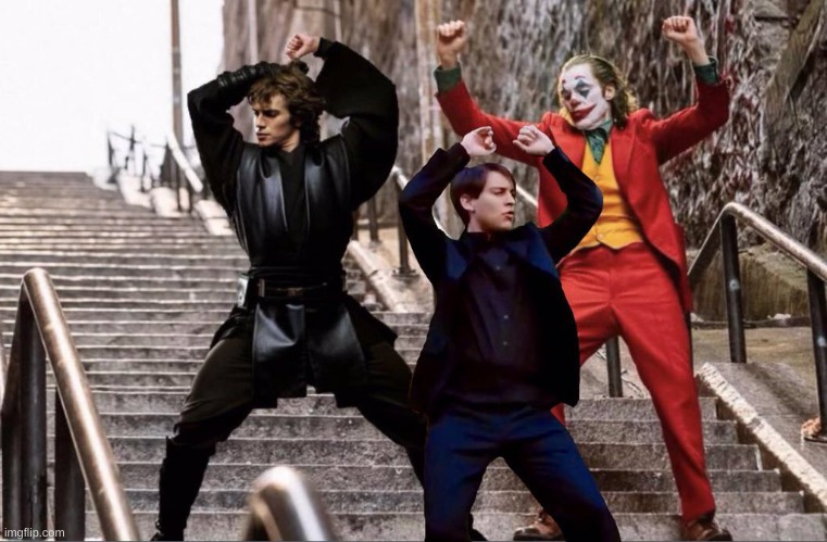 The Joker, Peter Parker and Anakin Skywalker dancing | image tagged in the joker peter parker and anakin skywalker dancing | made w/ Imgflip meme maker