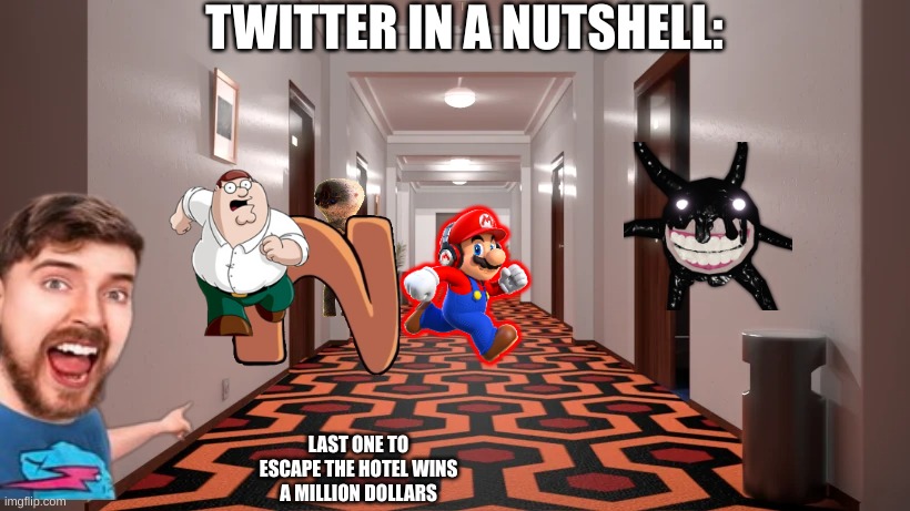 The Shining. Overlook Hotel Hallway. | TWITTER IN A NUTSHELL:; LAST ONE TO ESCAPE THE HOTEL WINS A MILLION DOLLARS | image tagged in the shining overlook hotel hallway,mrbeast,twitter | made w/ Imgflip meme maker