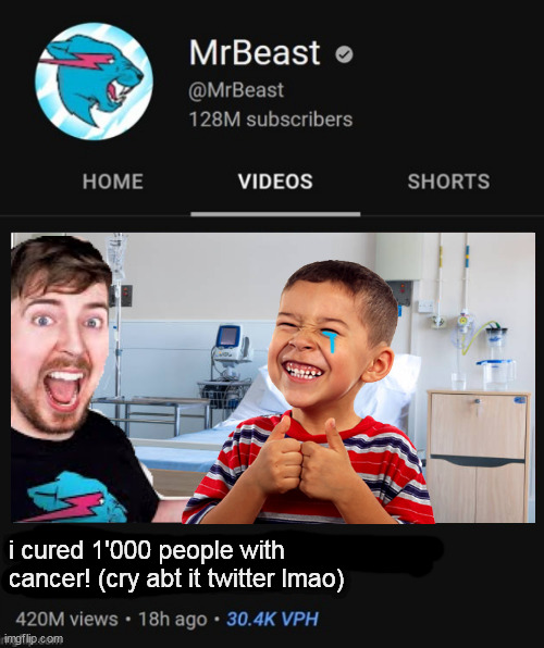 mrbeast's future | i cured 1'000 people with cancer! (cry abt it twitter lmao) | image tagged in mrbeast thumbnail template | made w/ Imgflip meme maker