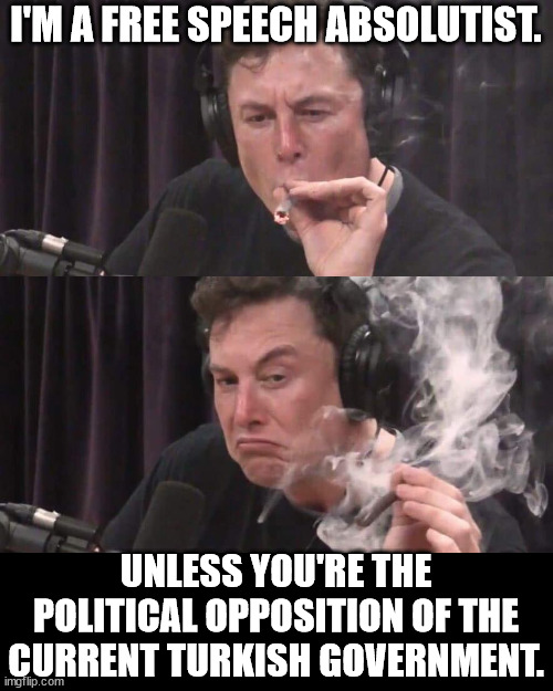 Elon Musk Weed | I'M A FREE SPEECH ABSOLUTIST. UNLESS YOU'RE THE POLITICAL OPPOSITION OF THE CURRENT TURKISH GOVERNMENT. | image tagged in elon musk weed | made w/ Imgflip meme maker
