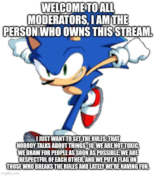 Rules for my moderators | WELCOME TO ALL MODERATORS, I AM THE PERSON WHO OWNS THIS STREAM. I JUST WANT TO SET THE RULES: THAT NOBODY TALKS ABOUT THINGS -18, WE ARE NOT TOXIC, WE DRAW FOR PEOPLE AS SOON AS POSSIBLE, WE ARE RESPECTFUL OF EACH OTHER, AND WE PUT A FLAG ON THOSE WHO BREAKS THE RULES AND LATELY WE'RE HAVING FUN. | image tagged in sonic running,rules,moderators | made w/ Imgflip meme maker