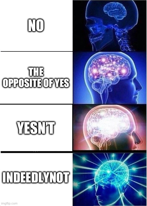No | NO; THE OPPOSITE OF YES; YESN’T; INDEEDLYNOT | image tagged in memes,expanding brain | made w/ Imgflip meme maker