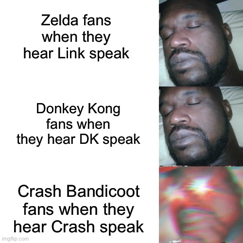 I sleep extend | Zelda fans when they hear Link speak; Donkey Kong fans when they hear DK speak; Crash Bandicoot fans when they hear Crash speak | image tagged in i sleep extend,videogames,legend of zelda,donkey kong,crash bandicoot,fandoms | made w/ Imgflip meme maker