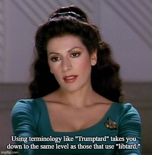 Counselor Deanna Troi | Using terminology like "Trumptard" takes you down to the same level as those that use "libtard." | image tagged in counselor deanna troi | made w/ Imgflip meme maker