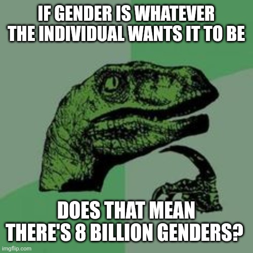 Time raptor  | IF GENDER IS WHATEVER THE INDIVIDUAL WANTS IT TO BE; DOES THAT MEAN THERE'S 8 BILLION GENDERS? | image tagged in time raptor | made w/ Imgflip meme maker
