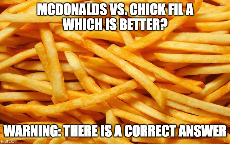 French Fries | MCDONALDS VS. CHICK FIL A
WHICH IS BETTER? WARNING: THERE IS A CORRECT ANSWER | image tagged in french fries | made w/ Imgflip meme maker